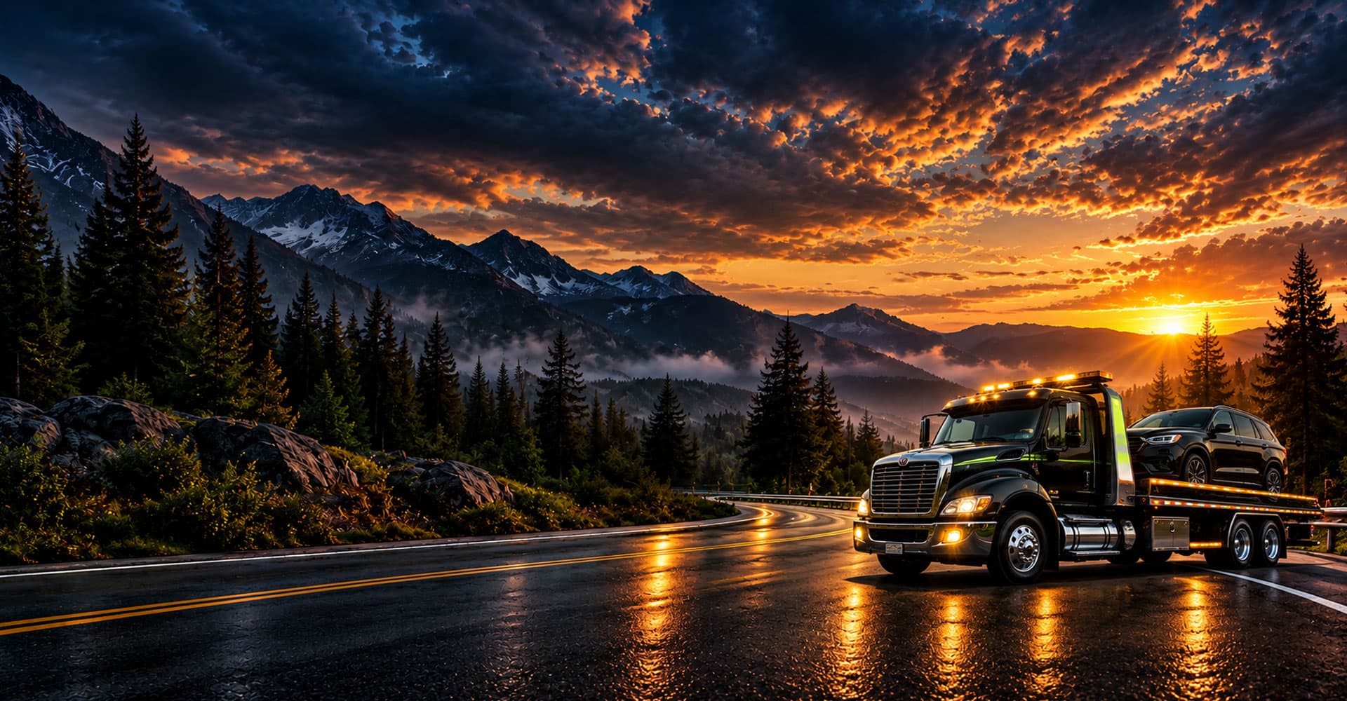 Tow truck on scenic road at sunset